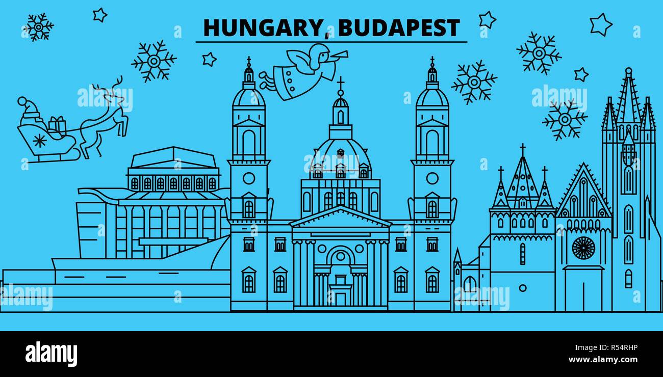 Hungary, Budapest city winter holidays skyline. Merry Christmas, Happy New Year decorated banner with Santa Claus.Hungary, Budapest city linear christmas city vector flat illustration Stock Vector