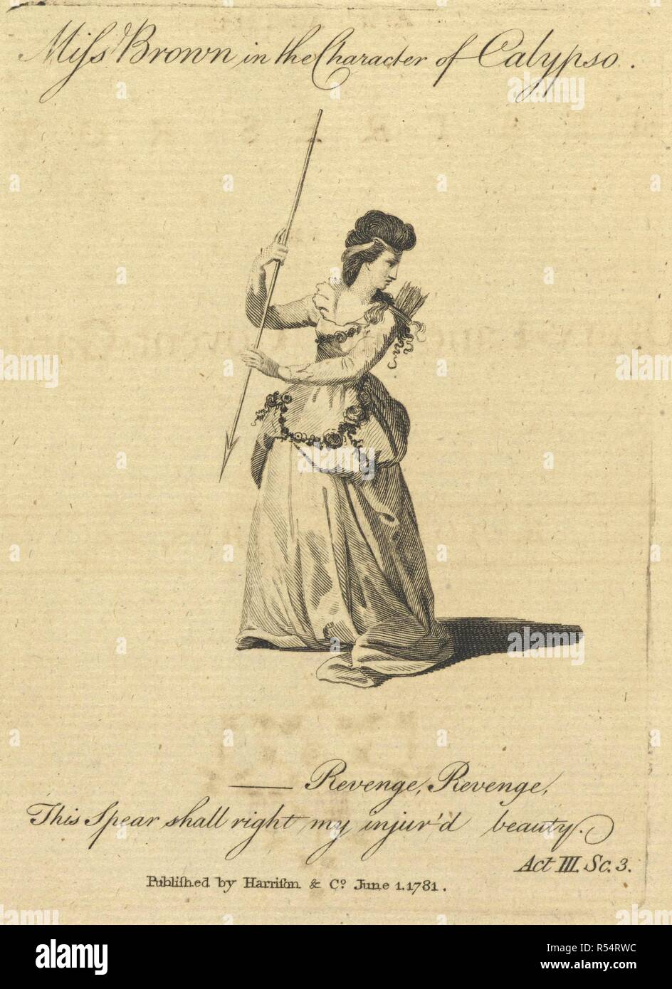 Miss Brown in the character of Calypso.  'Revenge, revenge ! This spear shall right my injur'd beauty.' Act III. Scene 3. Calypso and Telemachus. An opera, etc. London : Harrison & Co.; J. Wenman, 1781. Source: 11770.g.5.(26,27). Author: HUGHES, JOHN. Stock Photo