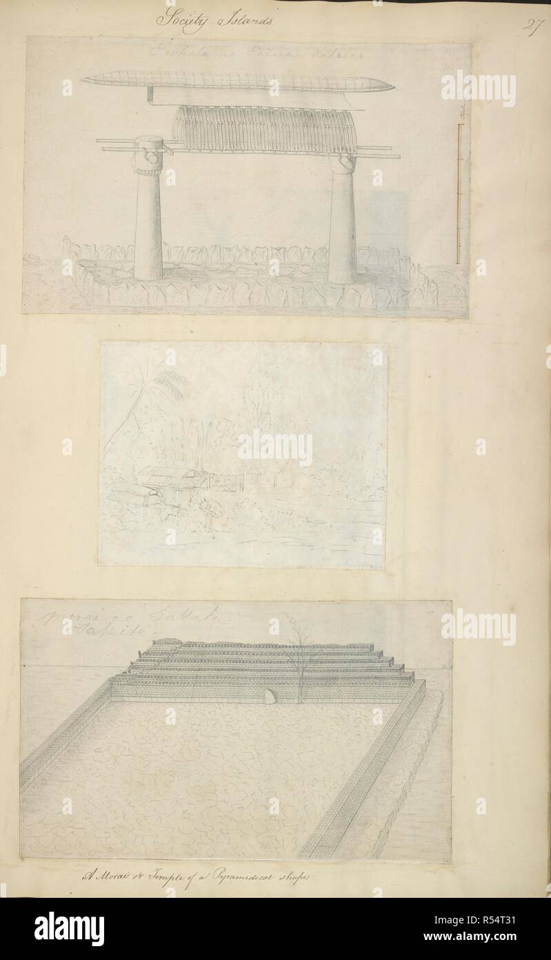 Society Islands. A Morai or temple of a pyramidical shape. . A collection of drawings by A. Buchan, S. Parkinson, and J. F. Miller, made in the countries visited by Captain James Cook in his first Voyage [1768-1771], also of prints published in John Hawksworth's Voyages of Biron [Byron], Wallis, and Cook [1773], as well as in Cook's second and third Voyages [1772-1775, 1776-1780]. 1768-1780. Source: Add. 23921 f.27. Stock Photo