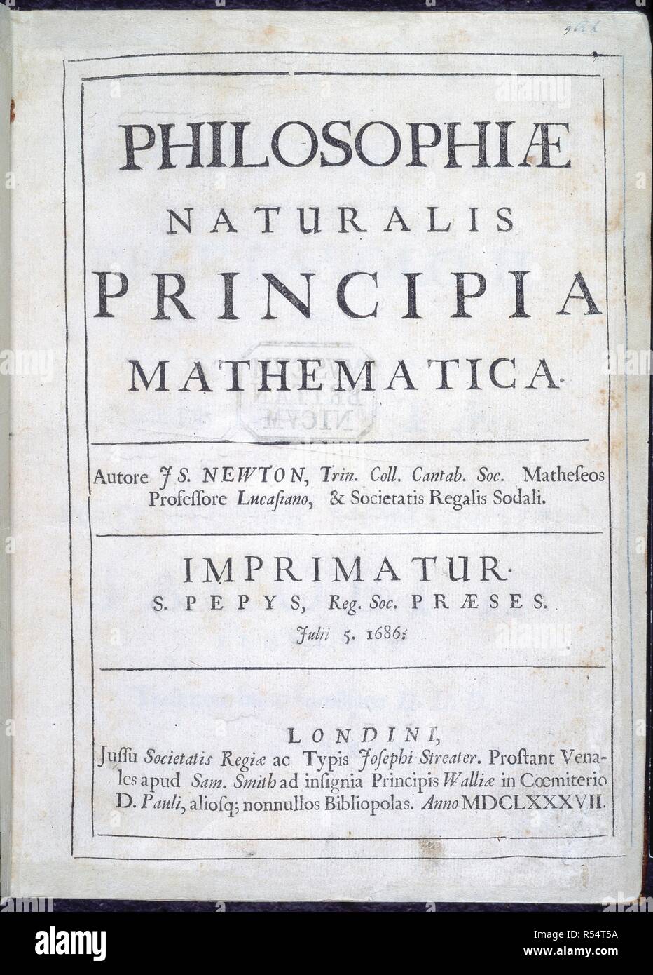Title page. Philosophiae Naturalis Principia Mathematica. London, 1687. Title page of Philosophiae Naturalis Principia Mathematica.  Image taken from Philosophiae Naturalis Principia Mathematica.  Originally published/produced in London, 1687. . Source: C.58.h.4, title page. Stock Photo