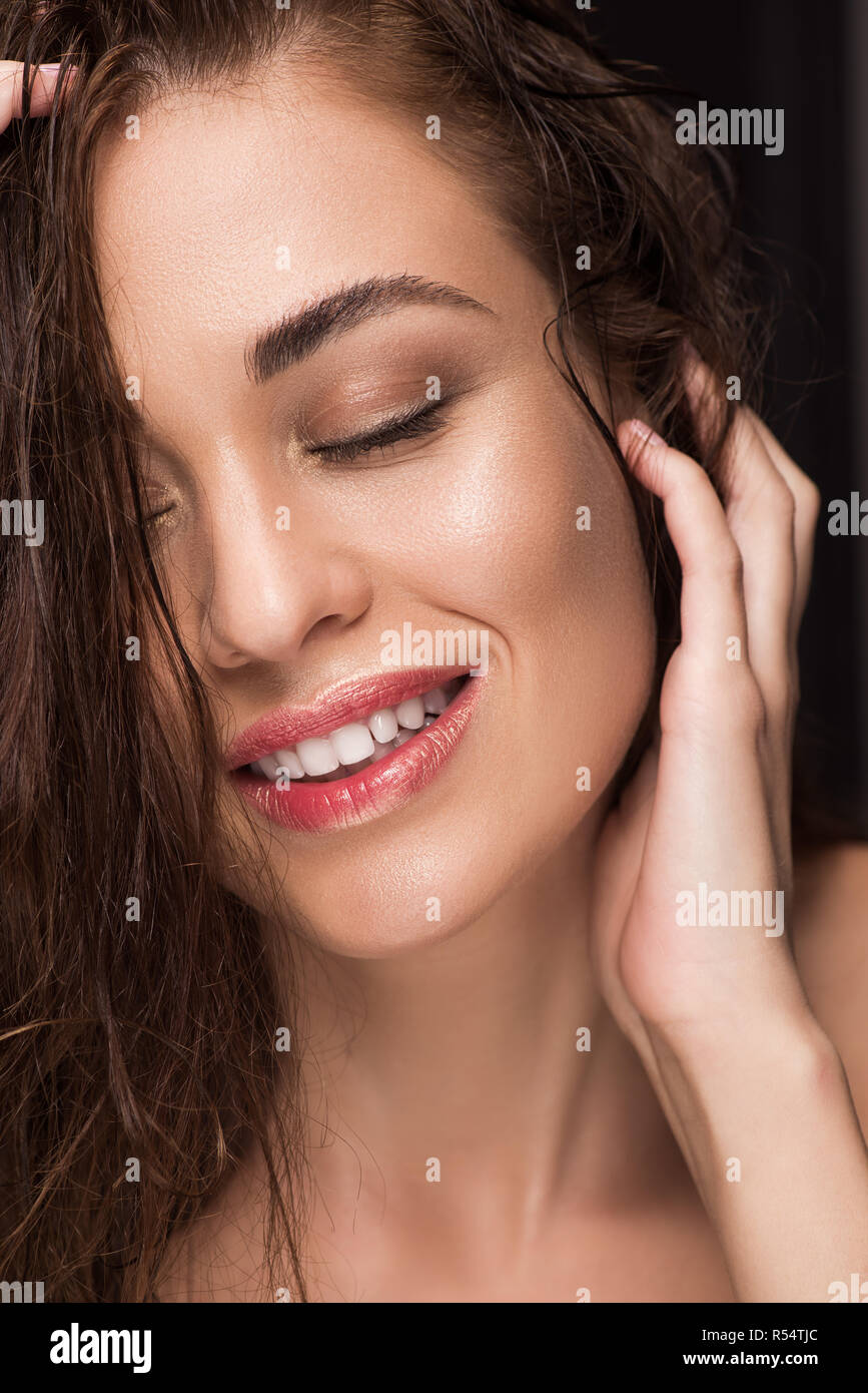 portrait of beautiful smiling girl with closed eyes Stock Photo - Alamy