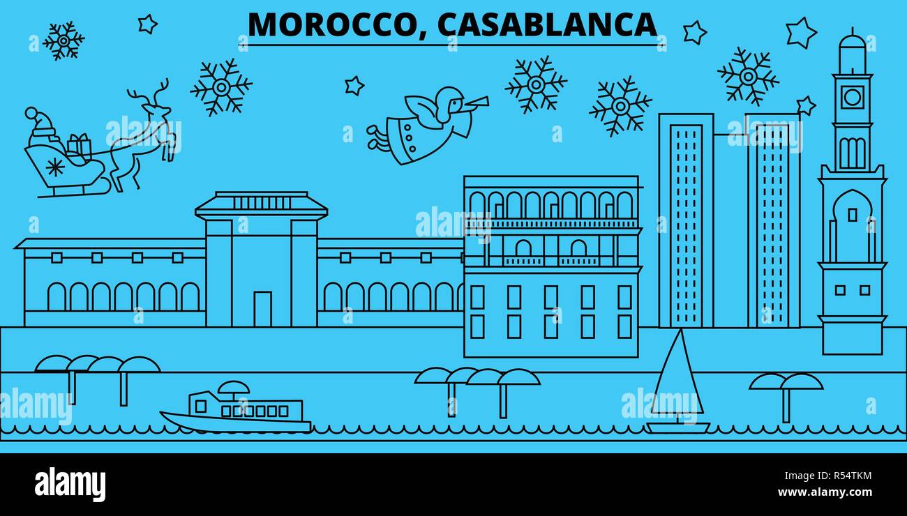 Morocco, Casablanca winter holidays skyline. Merry Christmas, Happy New Year decorated banner with Santa Claus.Morocco, Casablanca linear christmas city vector flat illustration Stock Vector