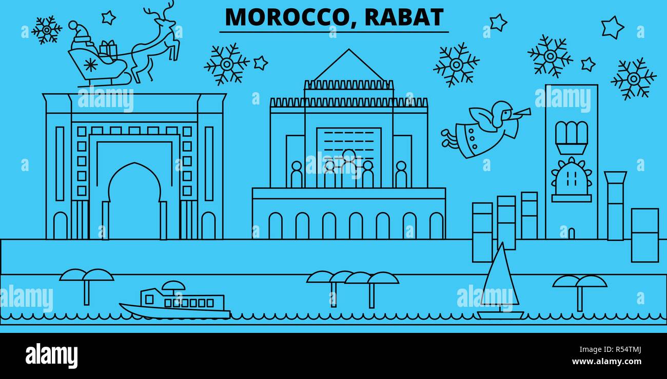 Morocco, Rabat winter holidays skyline. Merry Christmas, Happy New Year ...