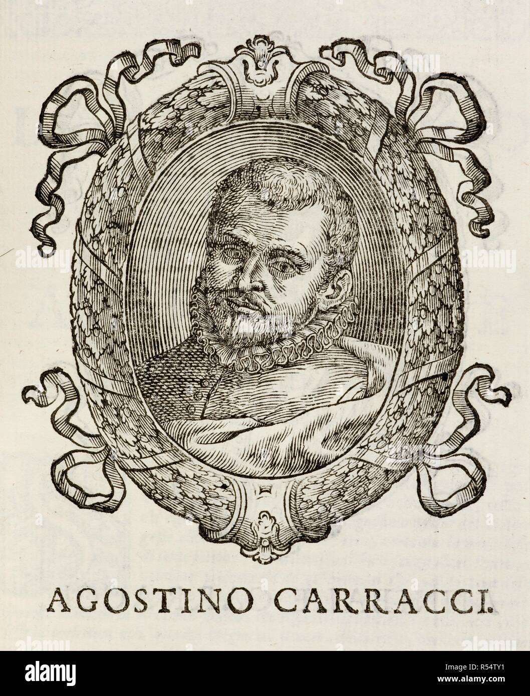 Portrait of Agostino Carracci (1557-1602). Italian painter and printmaker. Felsina Pittrice. Vite de Pittori Bolognesi, etc. Bologna, 1678. Source: 680.e.13, page 355. Language: Italian. Stock Photo