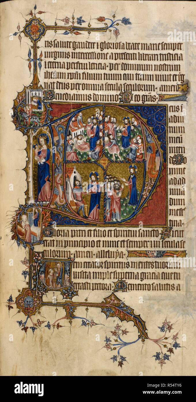 Historiated initial 'D'(eus) at Terce: a man with palsy being healed by Christ (Luke 5: 19), the healed man departing with his bed (Luke 5: 25); Christ calling Matthew (Luke 5:27), the apostles being chosen (Luke 6:13). In the border, two Marian legends and the Virgin and Child, historiated initial 'V'(eni) with Christ receiving the centurion's message. Psalter, Use of Sarum ('The Bohun Psalter and Hours'), imperfect. England (S. E., London?); 2nd half of the 14th century, after 1356, and probably before 1373. Source: Egerton 3277, f.123. Stock Photo
