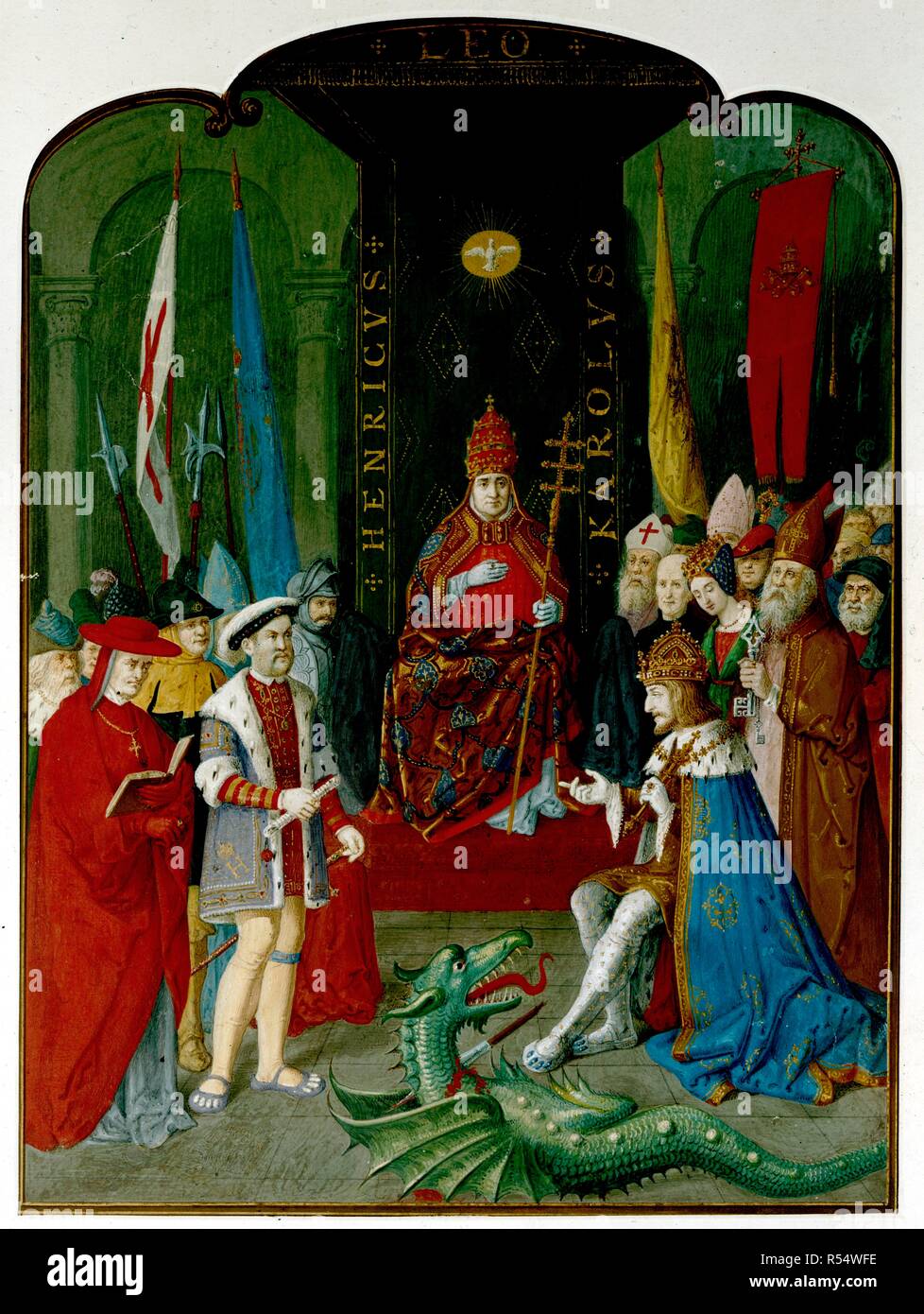 Henry VIII, Charles V and Leo X. Italy; early 16th century. (Whole cutting) King Henry VIII disputing with the Emperor Charles V before Pope Leo X. Henry holds a roll, which may be the bull of 1521 granting him the title 'Defender of the Faith'. He is supported by a cardinal, possibly Wolsey, who holds an open book. In the foreground is a dragon transfixed by a spear-head.  Originally published/produced in Italy; early 16th century. . Source: Add. 35254 S,. Stock Photo