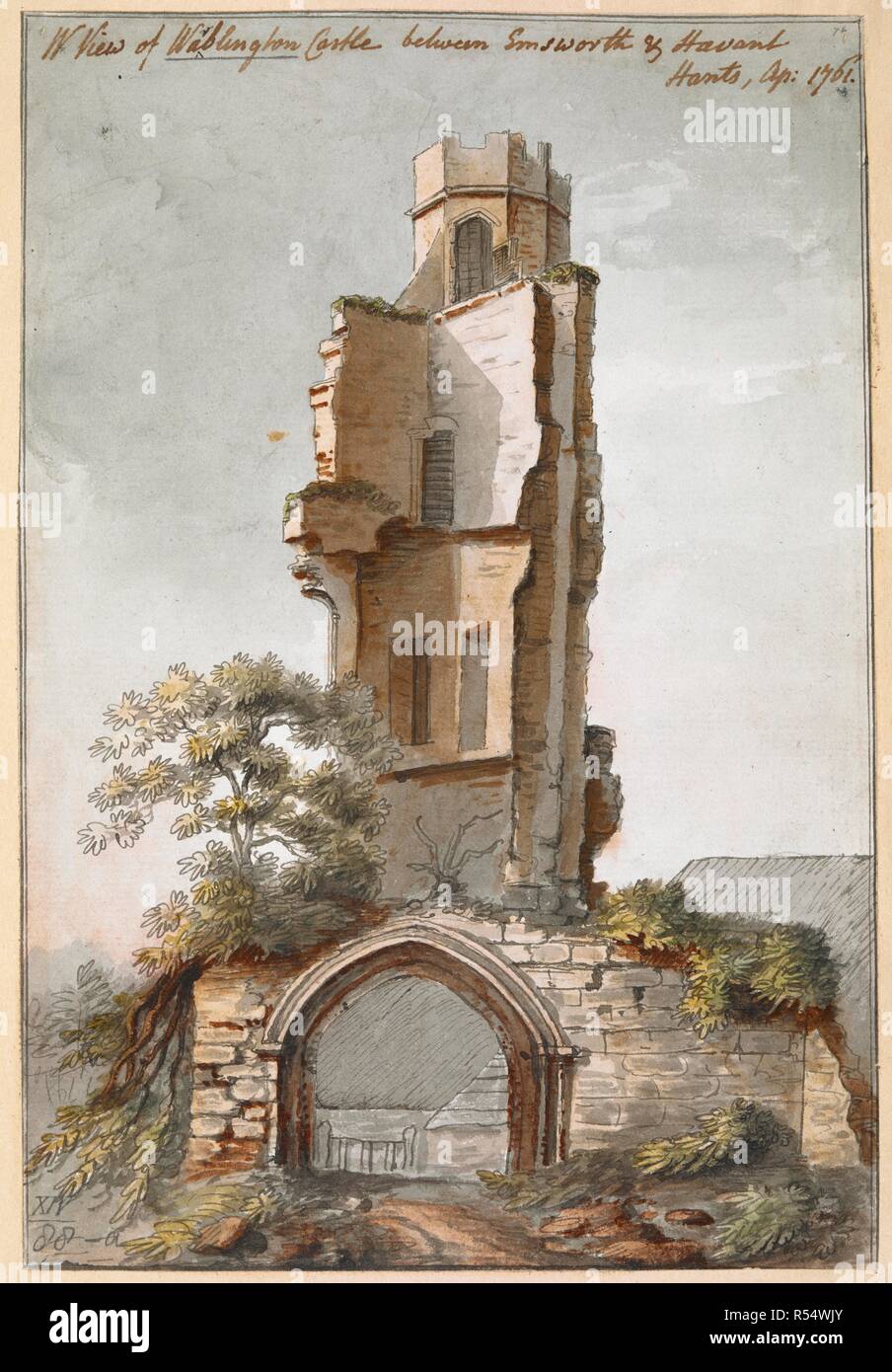 A view of the entrance arch and ruins of Warblington Castle; trees