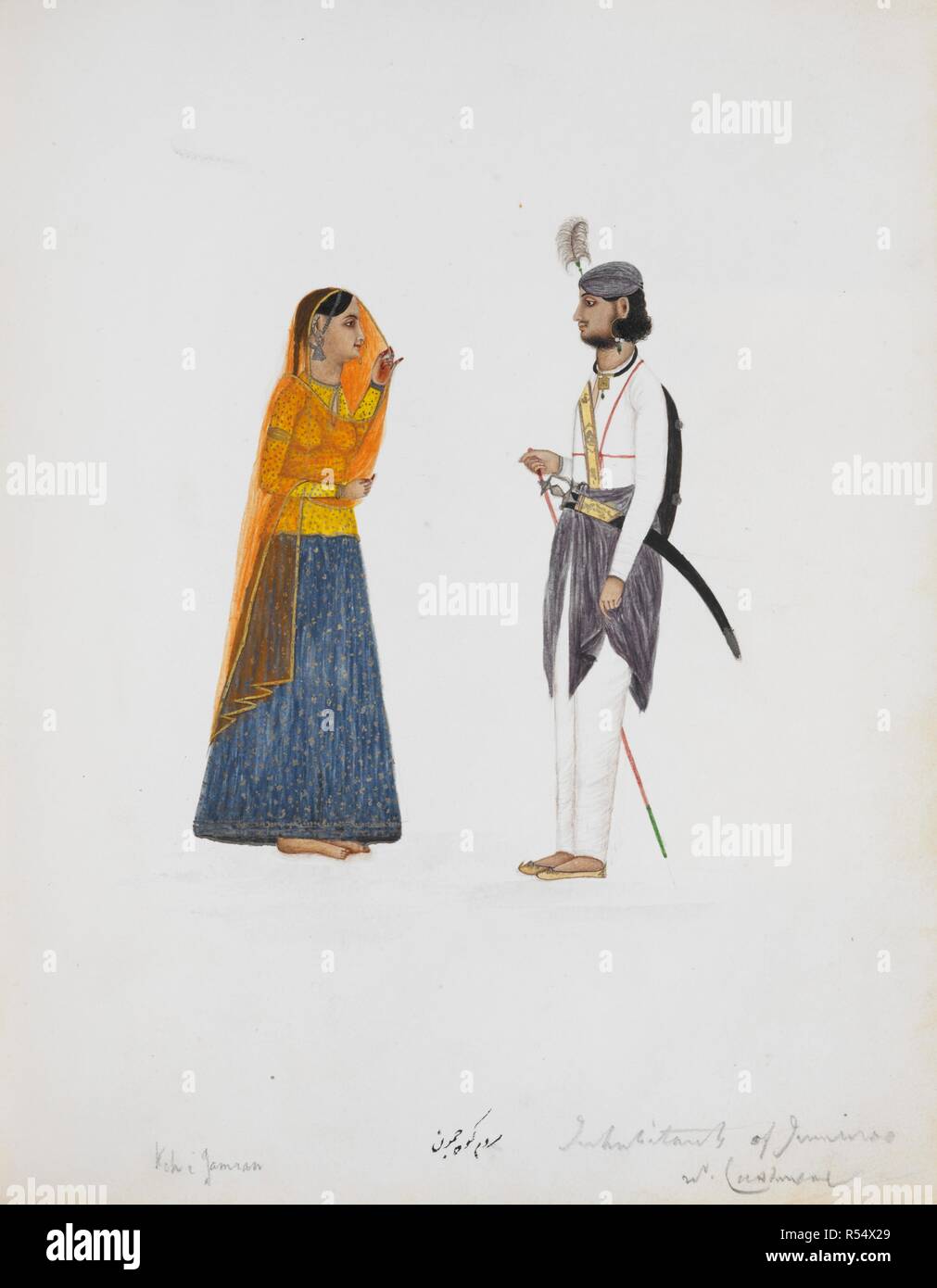 Man and woman from Jammu. 1838 - 1839 Punjab style. Pencil watercolour. Inscribed in Persian characters: â€˜Mardum i kuh i Jaamun;â€™ in English: â€˜Inhabitants of Jummoo nr. Cashmere.â€™. Source: Add.Or.1373. Language: Persian. Author: ANON. Stock Photo