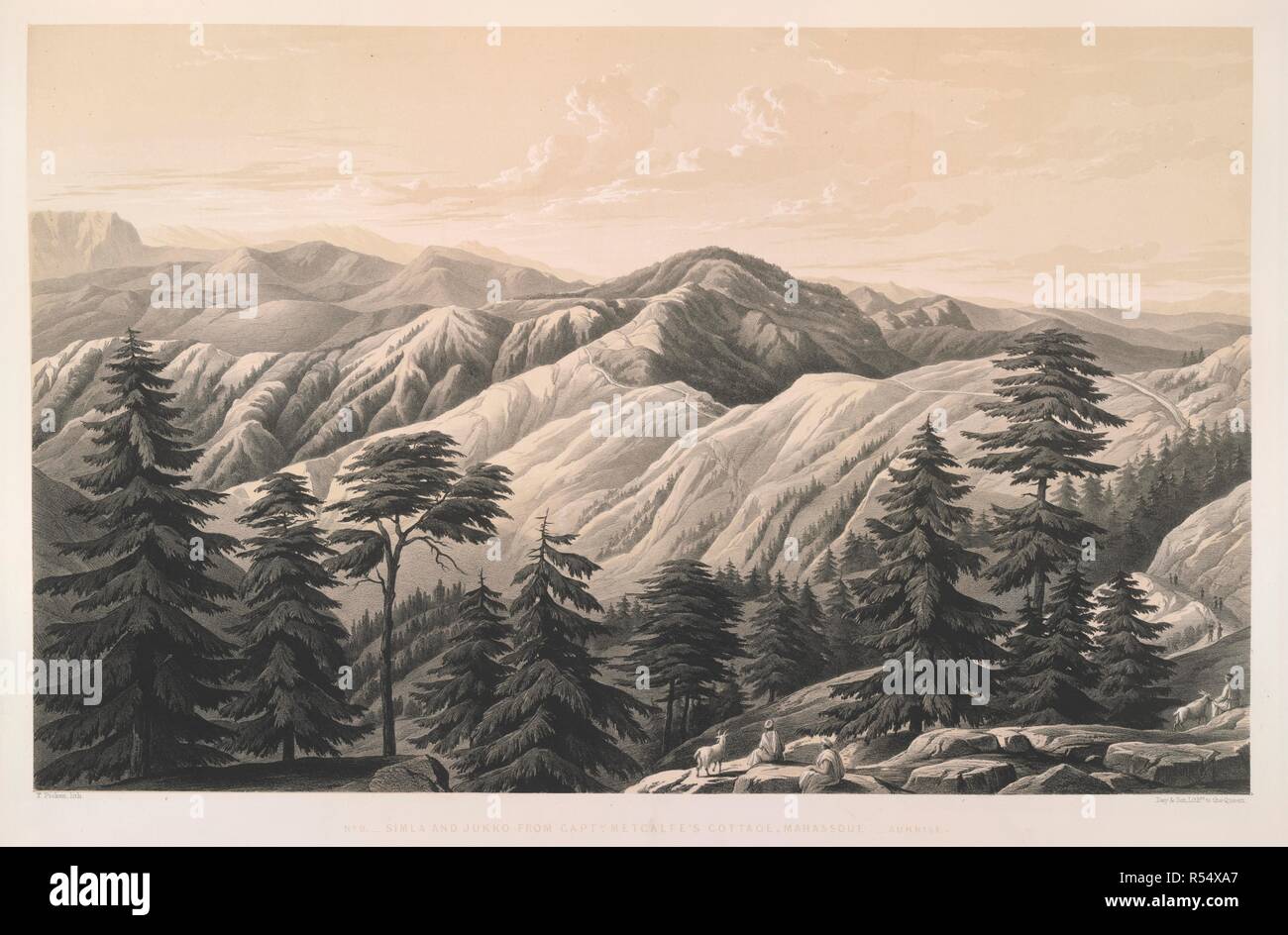 Simla and Jukko from Captain Metcalfe's Cottage, Mahassoue. Sunrise. This view of Jakhu Hill and the Simla cantonment was made from the cottage of Captain Metcalf, who was aide-de-camp to the Governor-General, Lord Dalhousie. Views in the Himalayas, drawn on the spot by Mrs. W. L. L. Scott. [Lithographed.]. London : Henry Graves & Co., 1852. Lithograph. Source: X670(9). Language: English. Stock Photo