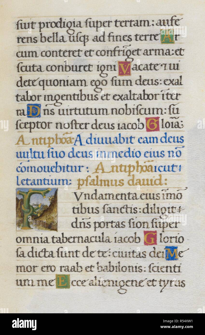 Text page with initial 'F'. Mirandola Hours. Italy, circa 1490-1499. [Whole folio] Text page from Hours of the Virgin. Beginning of Psalm 87; Initial 'F' formed of branches with scenic background. Image taken from Mirandola Hours. Originally published/produced in Italy, circa 1490-1499. Source: Add. 50002, f.52. Language: Latin. Stock Photo
