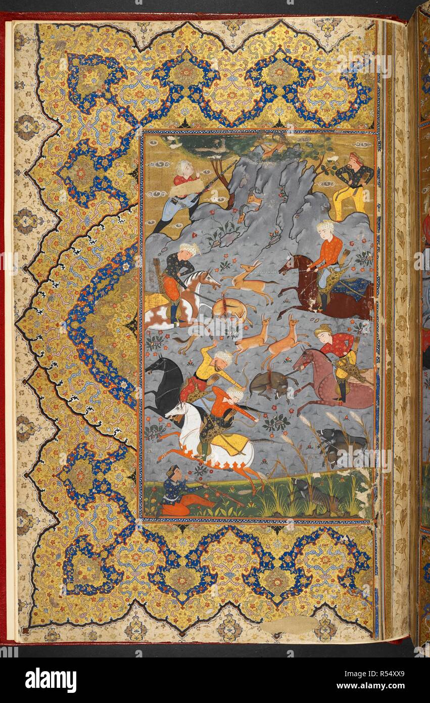 Hunting scene.  Horsemen hunting deer, with various weapons. Shahnama of Firdawsi, with 56 miniatures. 1580 - 1600. Source: I.O. ISLAMIC 3540, f.569. Language: Persian. Stock Photo