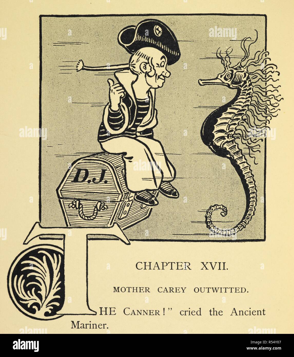 A pirate sitting on Davy Jone's locker, looking at a seahorse. The Pearl and the Pumpkin ... With pictures by Denslow. T. Fisher Unwin: London; New York [printed, 1904]. Source: 12809.o.48 page 176. Author: Leason, Percy Alexander. WEST, PAUL. Stock Photo