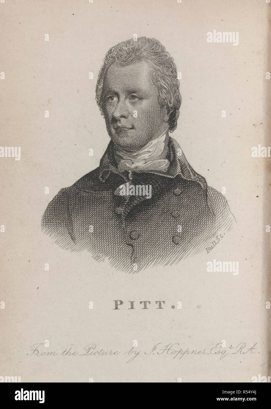 William Pitt, known as Pitt the Younger (1759-1806). English statesman. Portrait. Select Parliamentary Speeches. [With a portrait.]. Baudry; BobÃ©e & Hingray: Paris, 1829. Source: 1489.n.43, frontispiece. Language: English. Author: BULL. Pitt, Right Hon. William. Stock Photo