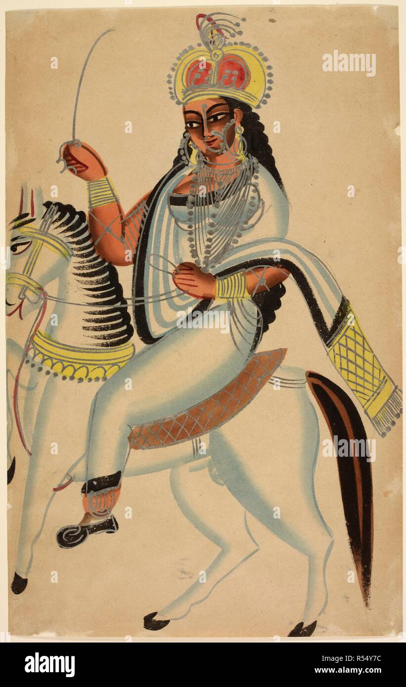 Laksmi Bai, Rani of Jhansi. Crowned female figure with a sword riding on a white horse. c.1890. 430 by 280 mm. Source: Add.Or.1896. Author: ANON. Stock Photo