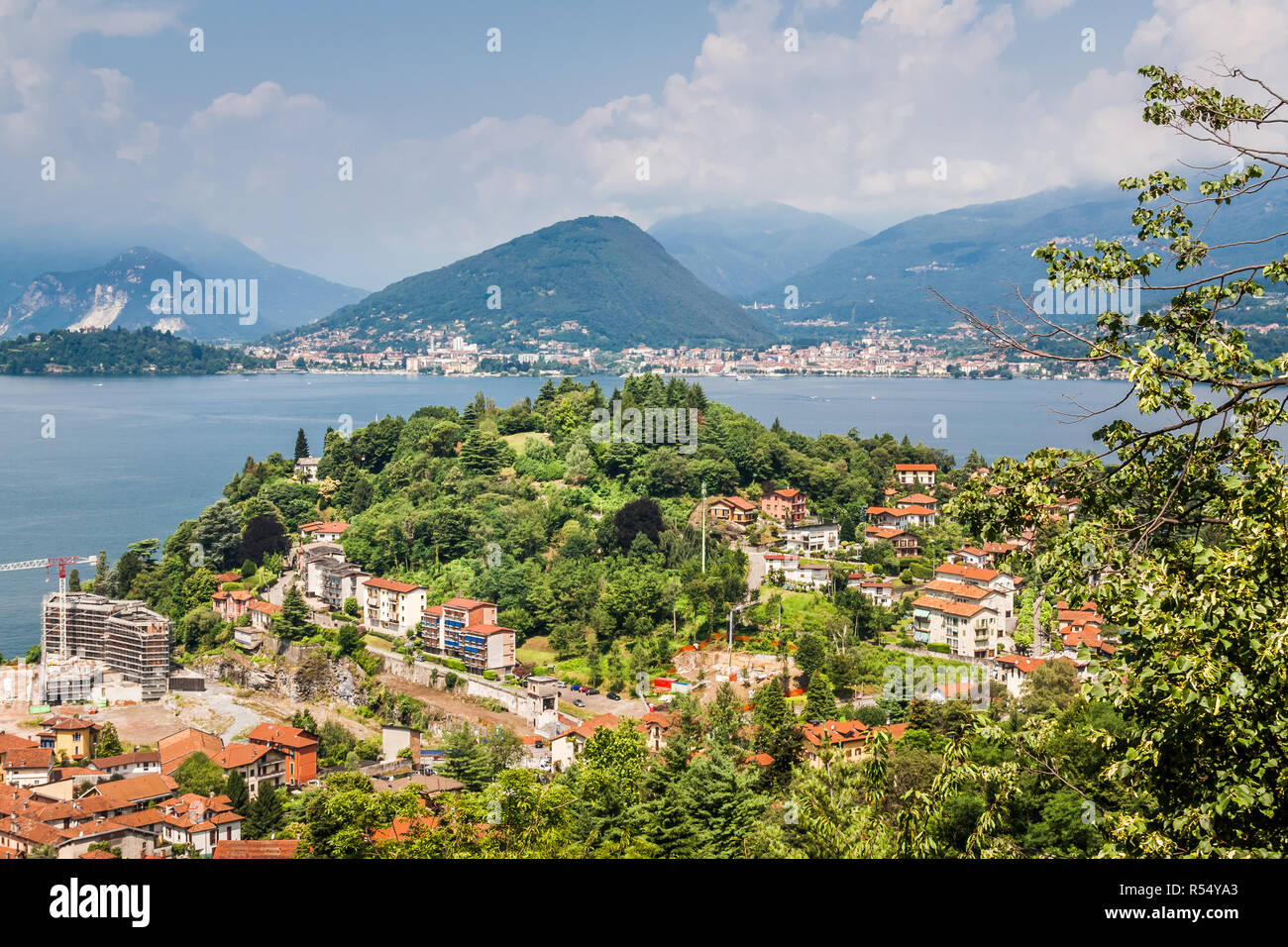 Aerial view of Laveno, Lombardy, Italy, on the edge of Lake Maggiore. Stock Photo