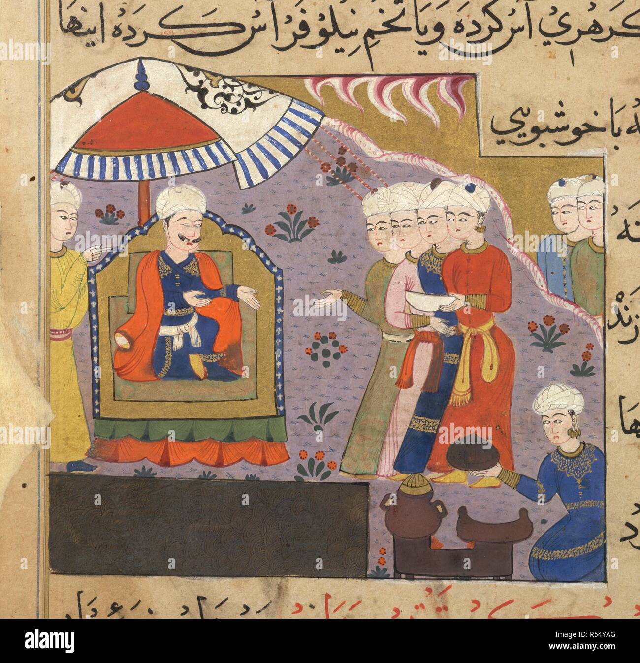 Bhat being prepared. The Ni'matnama-i Nasir al-Din Shah. A manuscript o. 1495 - 1505. Bhat (cooked rice) being prepared for the Sultan Ghiyath al-Din. Opaque watercolour. Sultanate style.  Image taken from The Ni'matnama-i Nasir al-Din Shah. A manuscript on Indian cookery and the preparation of sweetmeats, spices etc.  Originally published/produced in 1495 - 1505. . Source: I.O. ISLAMIC 149, f.44v. Language: Persian. Stock Photo
