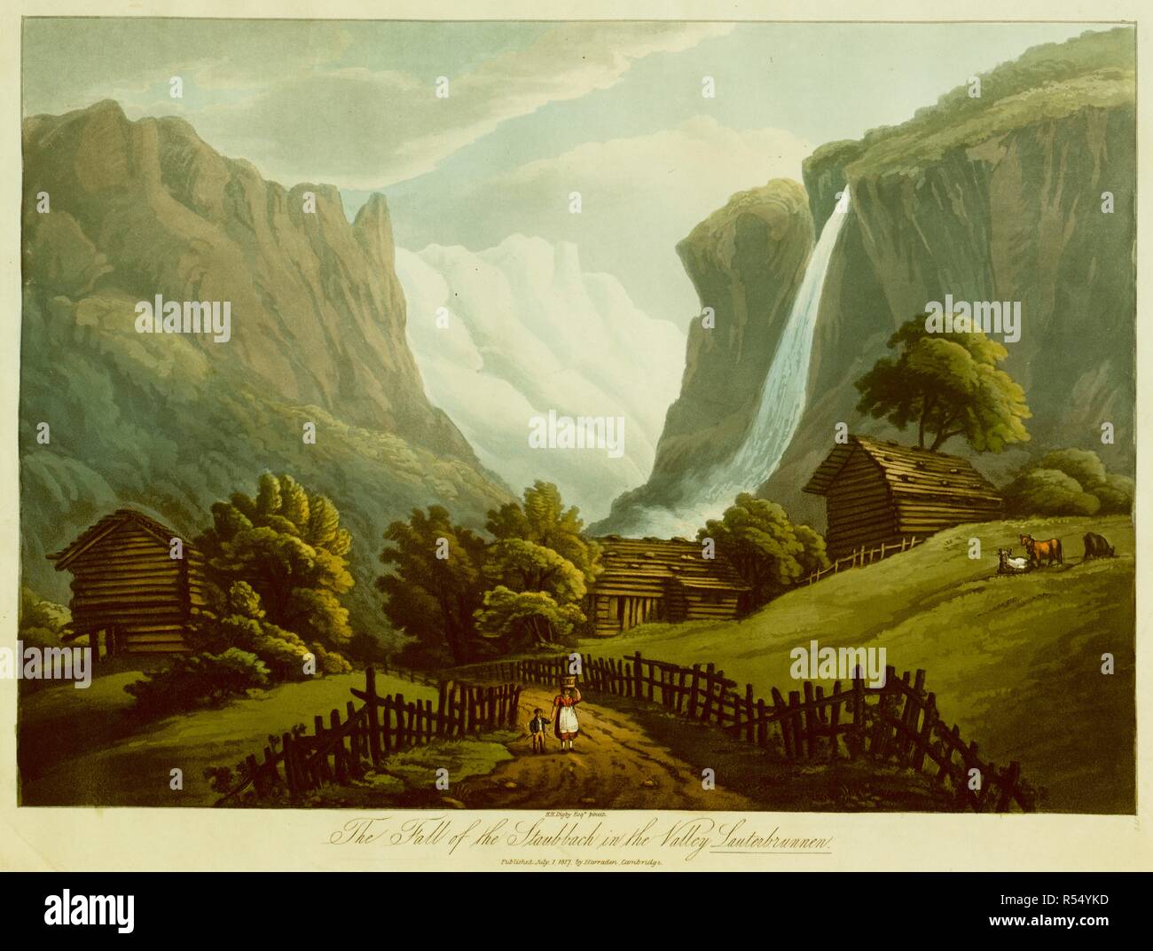 A woman carrying a pail of milk on her head and a small boy by her side, walk down a road with wooden fences on both sides in the foreground. Wooden cabins and cattle grazing on the meadows beyond, and a view of the Staubbach Falls and the Lauterbrunnen Valley in the background . The Fall of the Staubbach in the Valley Lauterbrunnen. [Cambridge] : Published July 1 1817. by Harraden, Cambridge, [July 1 1817]. Hand-coloured aquatint and etching. Source: Maps K.Top.85.65.2.b. Language: English. Stock Photo