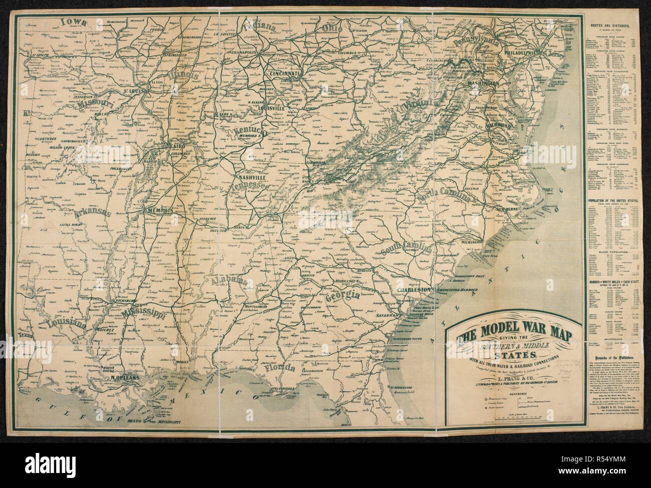 A map of the Southern and Middle States of North America. The Model War Map, giving the Southern and Middle States, with all their Water and Railroad Connections, by L. Prang & Co. Boston, 1862. Source: Maps 71495.(63.). Language: English. Stock Photo