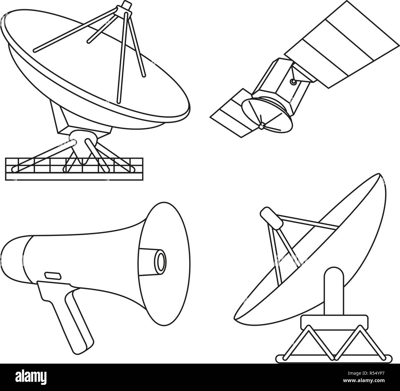 Line art black white 4 telecommunication elements Stock Vector