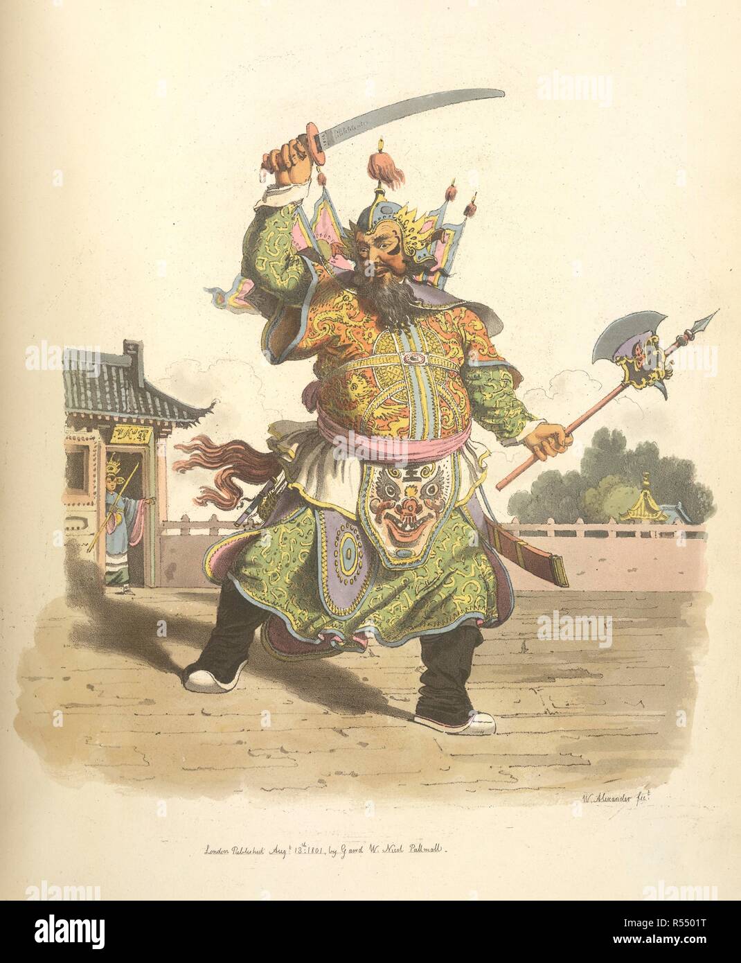 A Chinese comedian. The Costume of China. Illustrated in forty-eight c. William Miller: London, 1805. An actor performimg his part before the embassy, December 19, 1793'.He is waving a sword and axe. He wears a mainly green coloured costume.  Image taken from The Costume of China. Illustrated in forty-eight coloured engravings.  Originally published/produced in William Miller: London, 1805. . Source: 455.e.9, plate 29. Language: English. Stock Photo