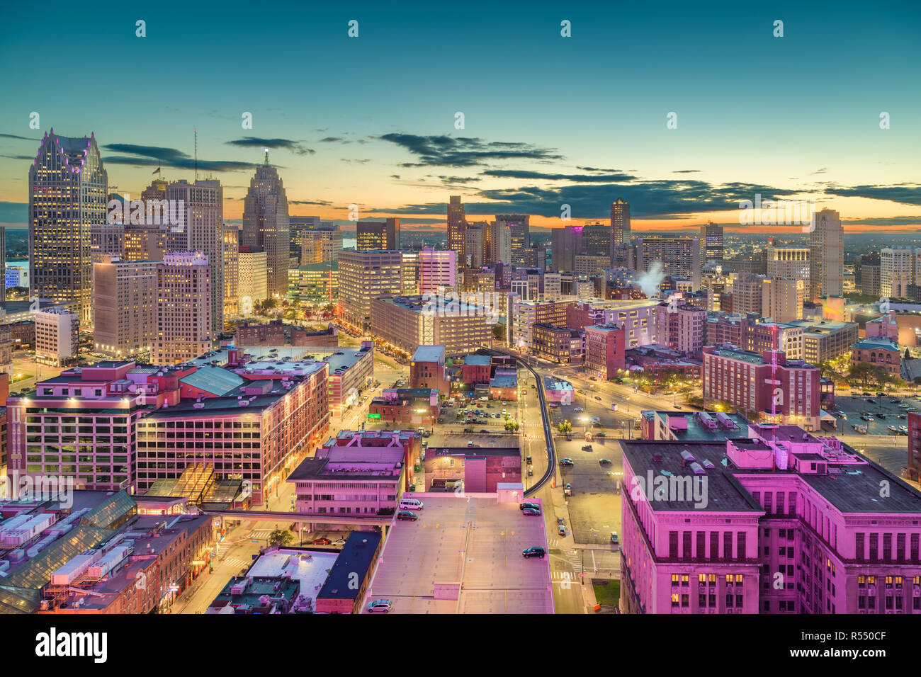 Detroit, Michigan, USA downtown skyline from above at dusk. Stock Photo