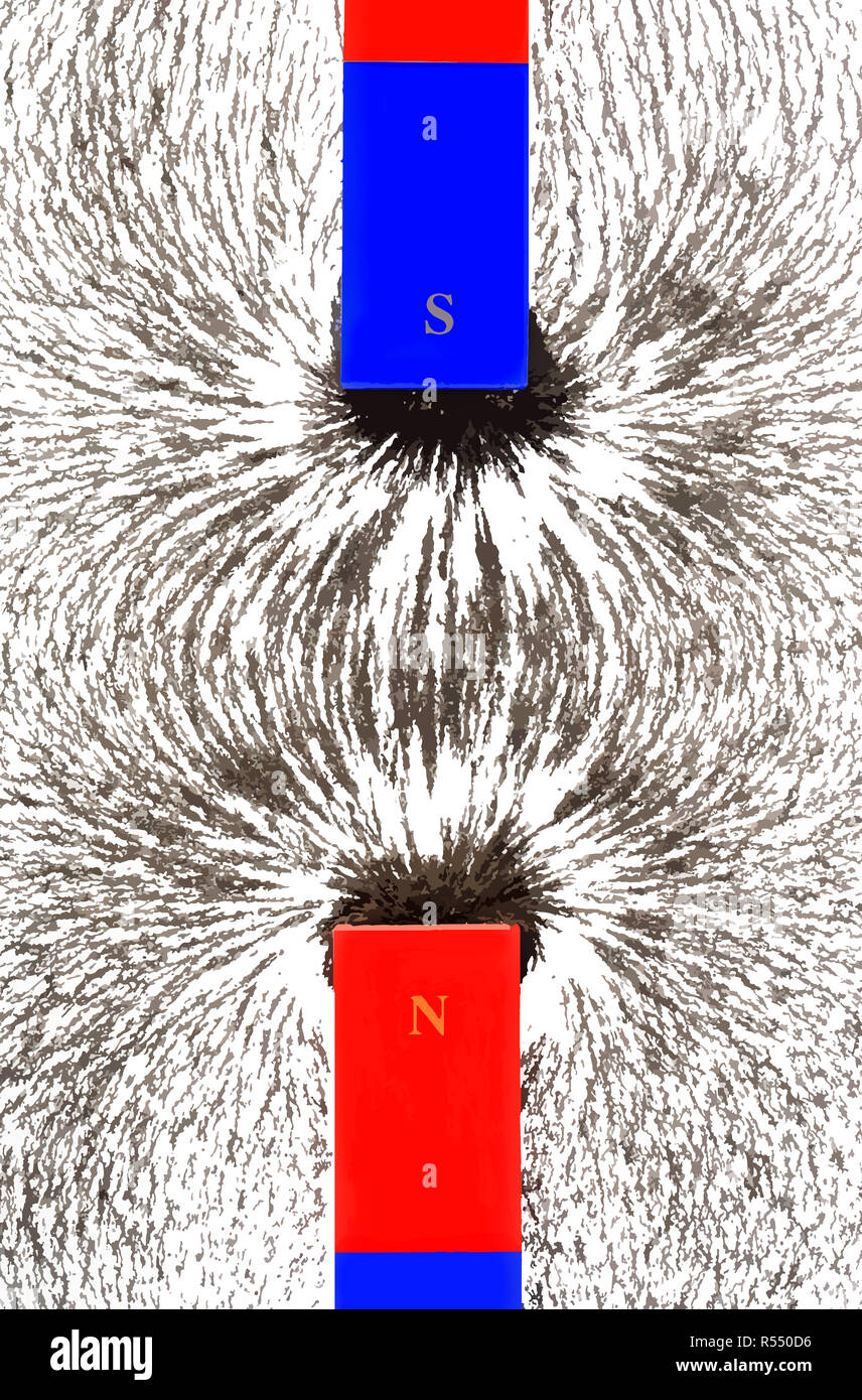 Magnetic attraction, illustration. Iron filings show the interaction of the magnetic fields when opposite poles of bar magnets are brought together. Stock Photo
