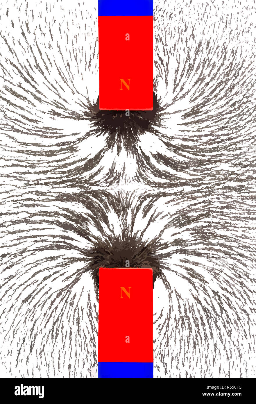 Magnetic repulsion, illustration. Iron filings show the interaction of magnetic fields when similar poles of two bar magnets are brought together. Stock Photo