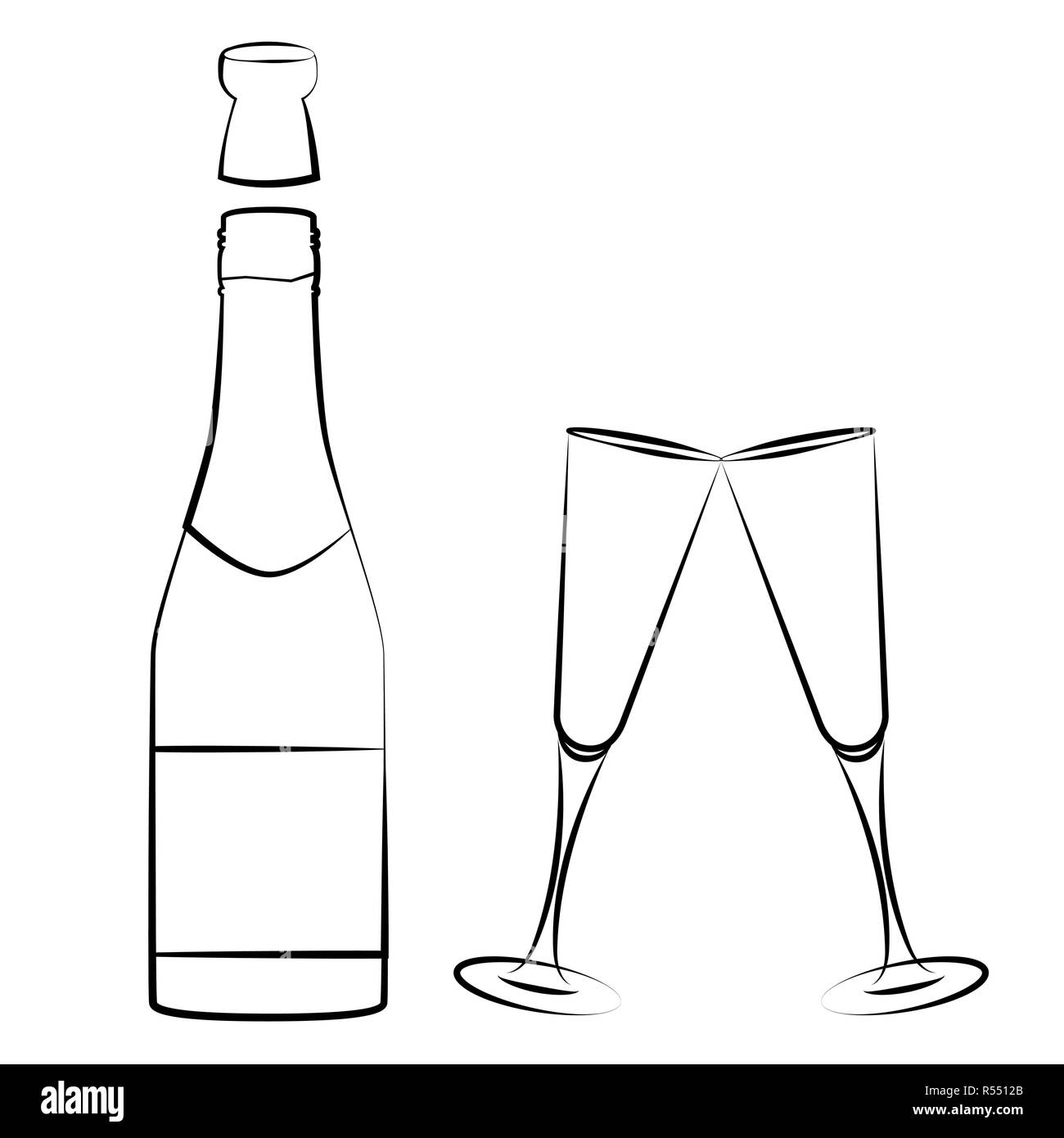 champagne bottle and glasses outline drawing isolated on white background vector illustration EPS10 Stock Vector