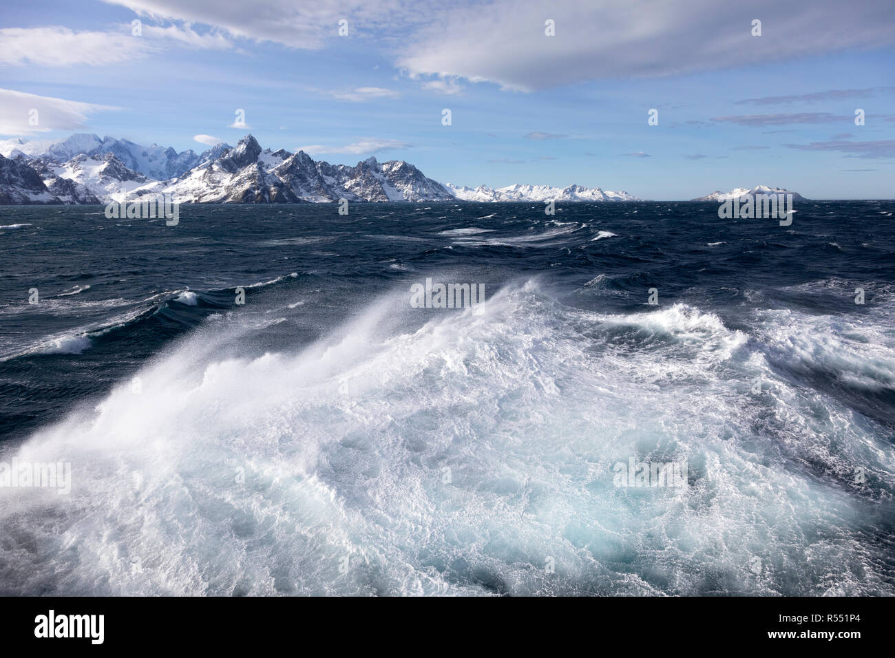 View of the spectacular snow covered mountains on South Georgia Island in the South Atlantic Island, Antarctica Stock Photo