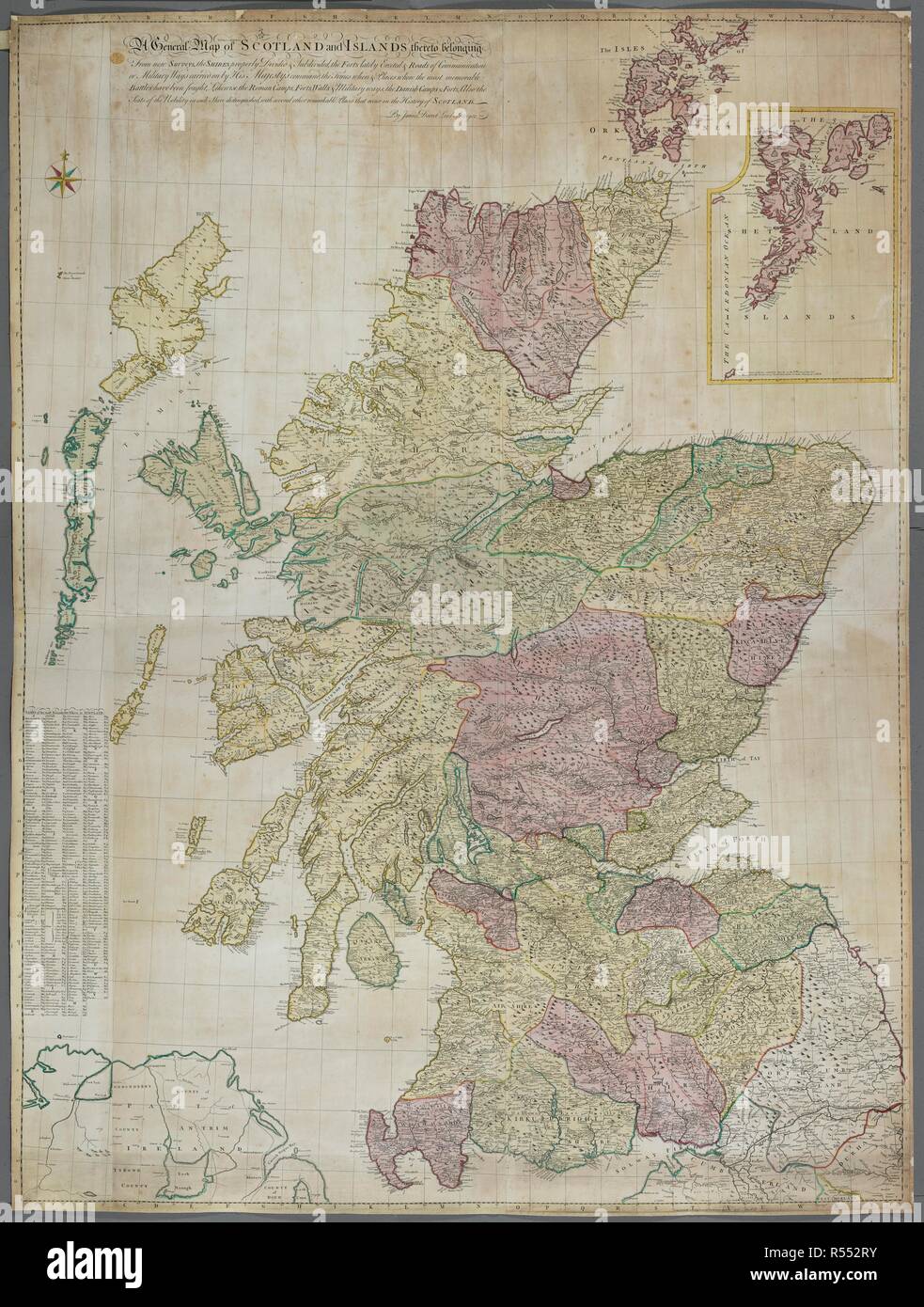 A map of Scotland and the islands. A General Map of SCOTLAND and ISLANDS thereto belonging From new Surveys, : the SHIRES properly Divided & Subdivided, the FORTS lately Erected & Roads of Communication or Military Ways carried on by His Majesty's command, the Times when & places where the most memorable Battles have been fought, Likewise the Roman Camps, Forts, Walls & Military ways, the Danish Camples 7 Forts, Also the Seats of the Nobility in each Shire distinguished, with several other remarkable Places that occur in the History of SCOTLAND. London : Publish'd according to Act of Parliamen Stock Photo