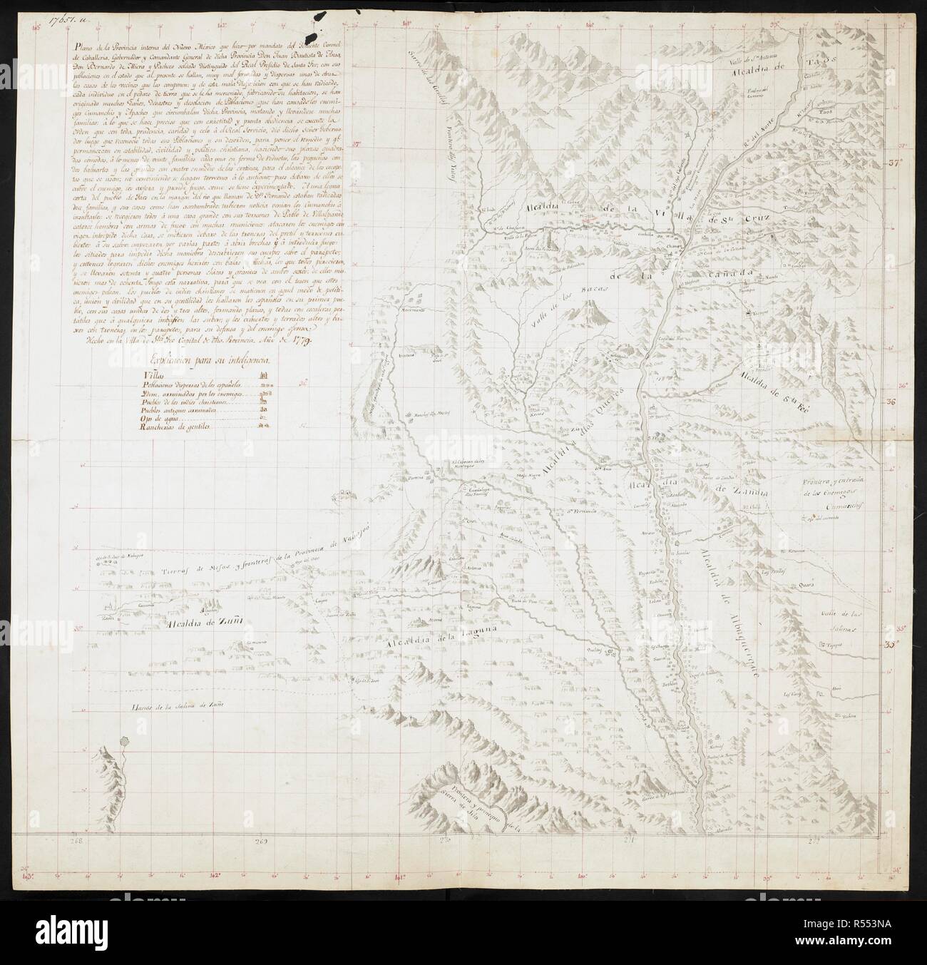 Map of part of New Mexico, with the Rio Grande and Santa Fe. N. America; 1779. Source: Add. 17651 U. Language: Spanish. Stock Photo