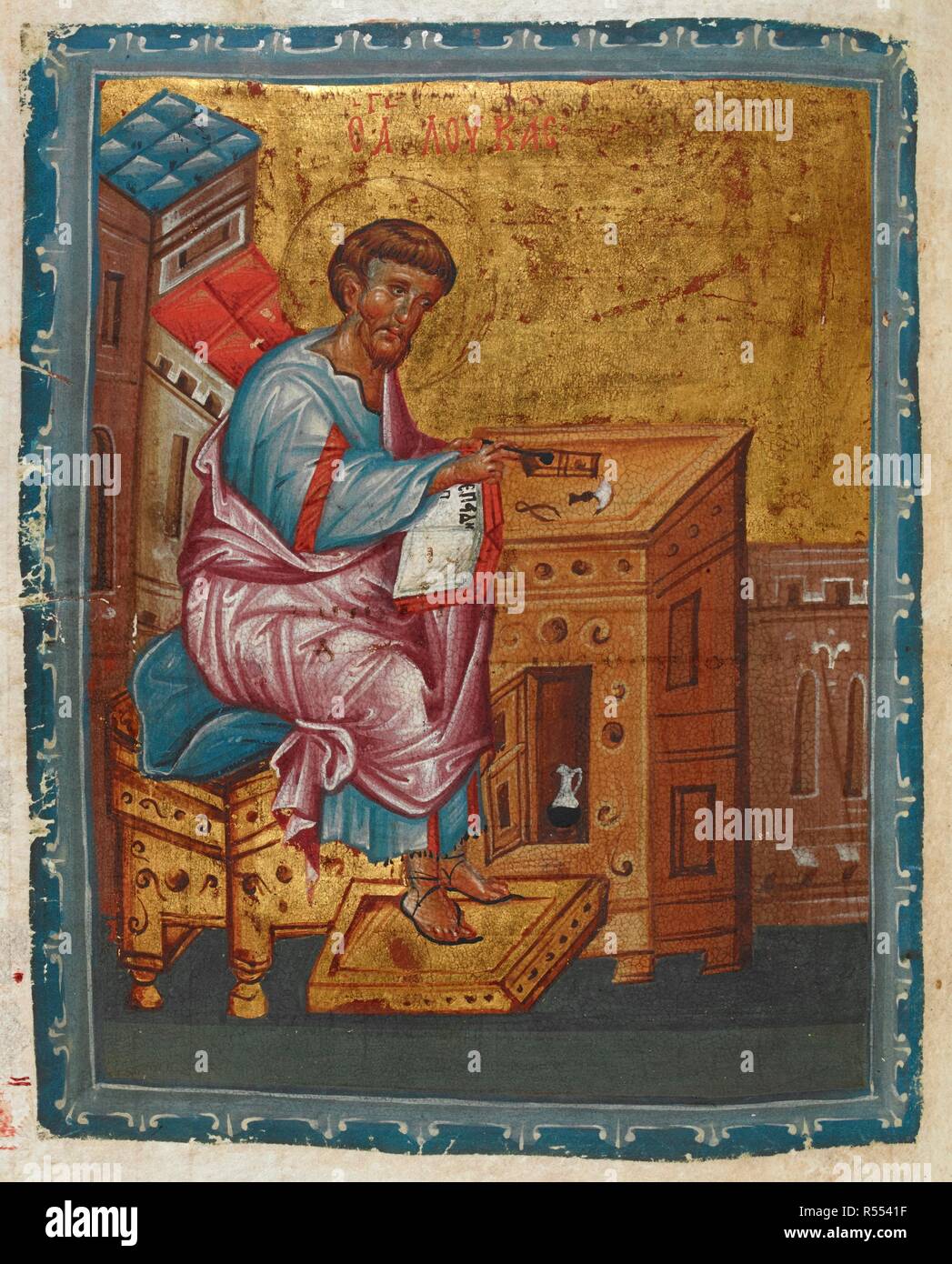 An illuminated portrait of St. Luke. Four Gospels (ff. 6v-288v), adapted for liturgical use, each preceded by a table of capitula. Eastern Mediterranean (Constantinople?); 1285. Source: Burney 20, f.142v. Language: Greek. Stock Photo