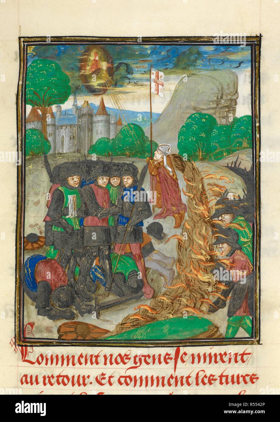 Christian army saved by prayer.  Greek fire is blown back on the Saracens as divine intervention causes a change of wind, following the prayers of Robert of Nazareth. Chronique d'Ernoul et de Bernard le TrÃ©sorier. TRANSLATION, into French, and continuation to 1231, of the Latin history of the Crusades by Guillelmus, Archbishop of Tyre (1174-1190 ?). The French text of William is printed by Paulin Paris (Guillaume de Tyr, Paris, 1879). S. Netherlands (Bruges); late 15th century. Source: Royal 15 E. I, f.266. Language: French. Author: Ernoul, Bernard, treasurer of Corbie. Stock Photo