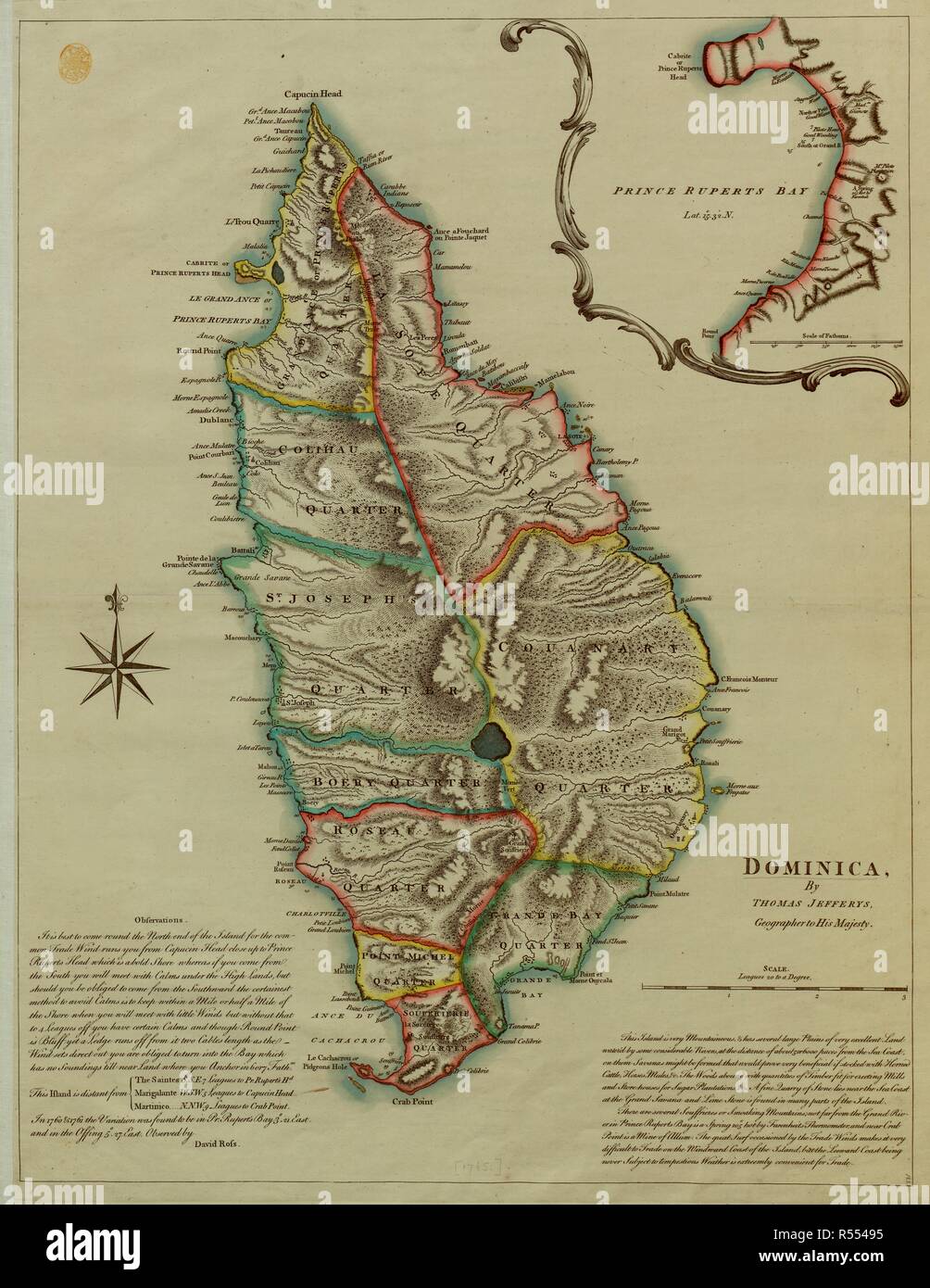 A map of Dominica. Dominica. By Thomas Jefferys. Scale, 3 leagues[ = 141 mm]. [London], [1765]. Source: Maps K.Top.123.94. Language: English. Stock Photo
