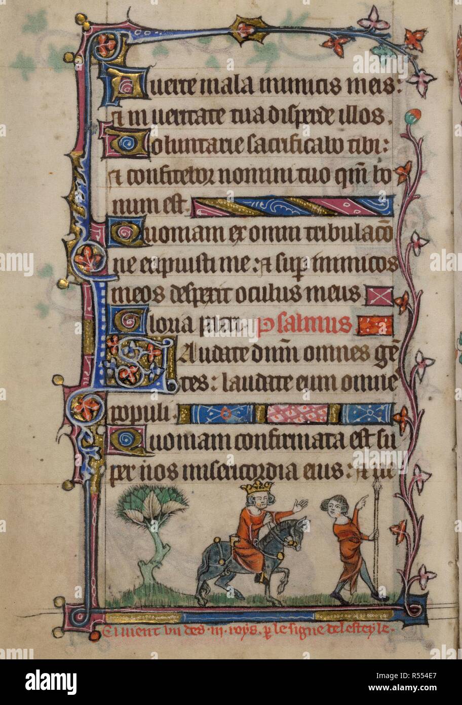 Bas-de-page-scene of one of the three Magi on horseback, led by a servant holding a spear, with a caption reading 'Cy vient un des .iii roys p[ar] le signe del esteyle'. Book of Hours, Use of Sarum ('The Taymouth Hours'). England, S. E.? (London?); 2nd quarter of the 14th century. Source: Yates Thompson 13, f.90v. Language: Latin and French. Stock Photo