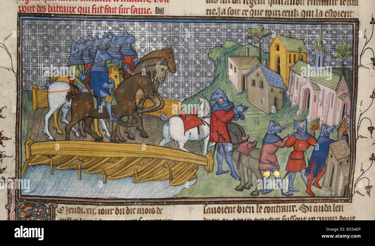 Passage of the Seine. Chroniques de France ou de St. Denis. End of 14th century. (Miniature) The English pass the River Seine by a bridge of boats, and pillage Vitry during the Hundred Years' War.  Image taken from Chroniques de France ou de St. Denis.  Originally published/produced in End of 14th century. . Source: Royal 20 C. VII, f.136v. Language: French. Stock Photo