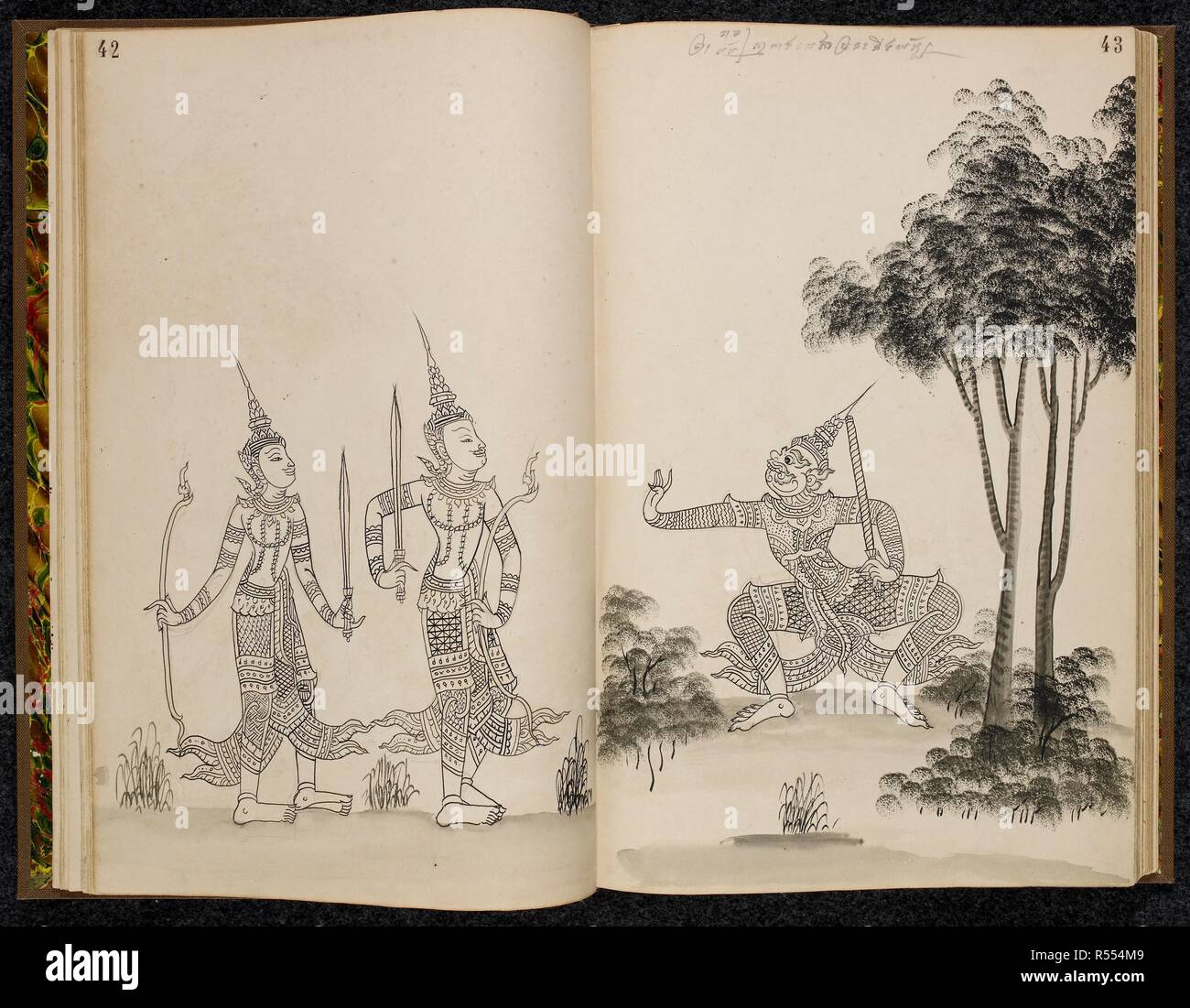 Khom Script Rama and Lakshmana confront Ravana, scene from the Ramakien (Thai ...