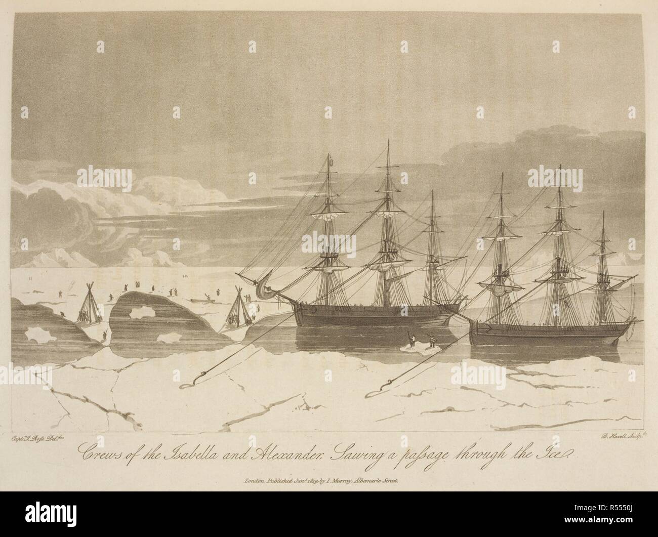 Crews of the Isabella and Alexander, sawing a passage through the ice. Voyage of Discovery, made under the orders of the Admiralty, in his Majesty's ships Isabella and Alexander for the purpose of exploring Baffin's Bay, and enquiring into the possibility of a North-West Passage. London : cxlix. J. Murray, 1819. Source: G.7399 plate opposite page 62. Author: ROSS, JOHN. Stock Photo