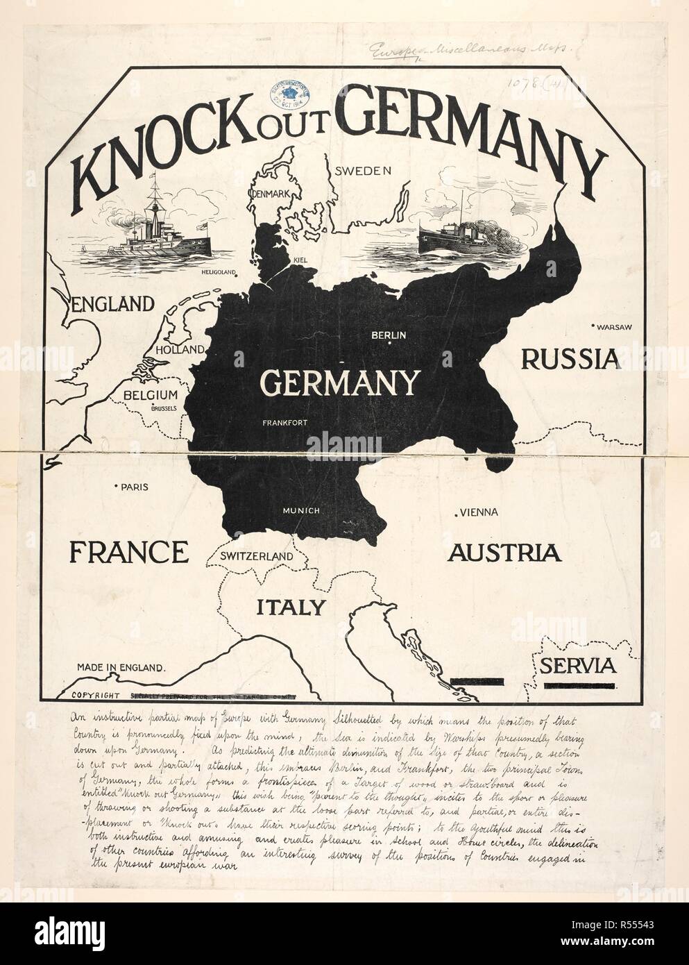 A map of the First World War. . Knock out Germany. An instructive partial map of Europe with Germany silhouetted, etc. [London] : S[p]ecially prepared for the Toy Target Company, [1914]. 345 x 365 mm. Source: Maps.1078.(41). Stock Photo