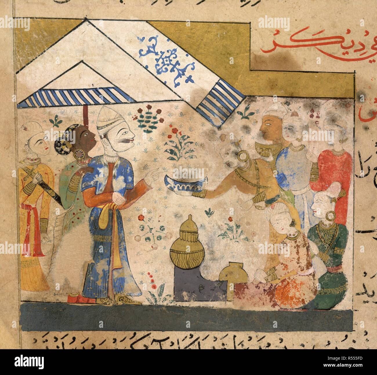 Preparation of flummery. The Ni'matnama-i Nasir al-Din Shah. A manuscript o. 1495 - 1505. Preparation of flummery for the Sultan Ghiyath al-Din. Opaque watercolour. Sultanate style.  Image taken from The Ni'matnama-i Nasir al-Din Shah. A manuscript on Indian cookery and the preparation of sweetmeats, spices etc.  Originally published/produced in 1495 - 1505. . Source: I.O. ISLAMIC 149, f.189v. Language: Persian. Stock Photo