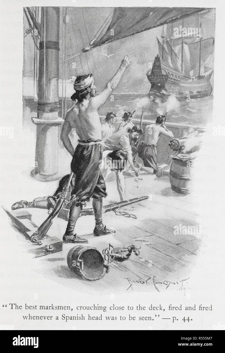 'The best marksmen, crouching close to the deck, fired and fired whenever a Spanish head was to be seen'. A sea battle.  . Buccaneers and Pirates of our Coasts ... New York, 1898. Source: 9770.aa.8, opposite page 44. Author: Stockton, Frank Richard. Clinedinst, B. W. Stock Photo