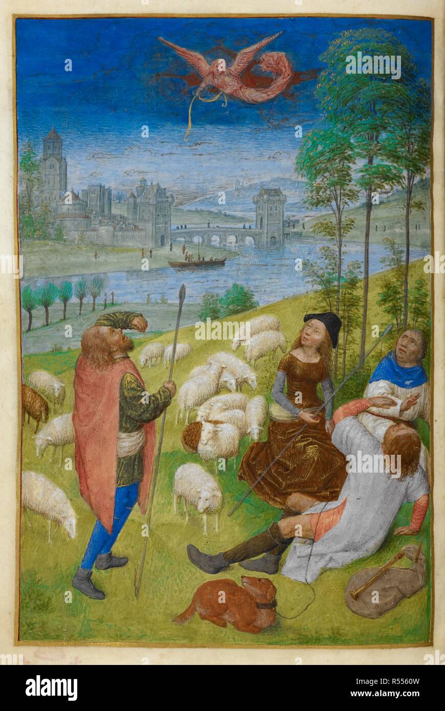 The Annunciation to the Shepherds. Book of Hours, Use of Rome (The 'Huth Hours'). c.1480. Source: Add. 38126, f.79v. Language: Latin. Author: Simon Marmion and Workshop. Master of the Houghton Miniatures: Master of the Dresden Prayer Book. GH. Stock Photo