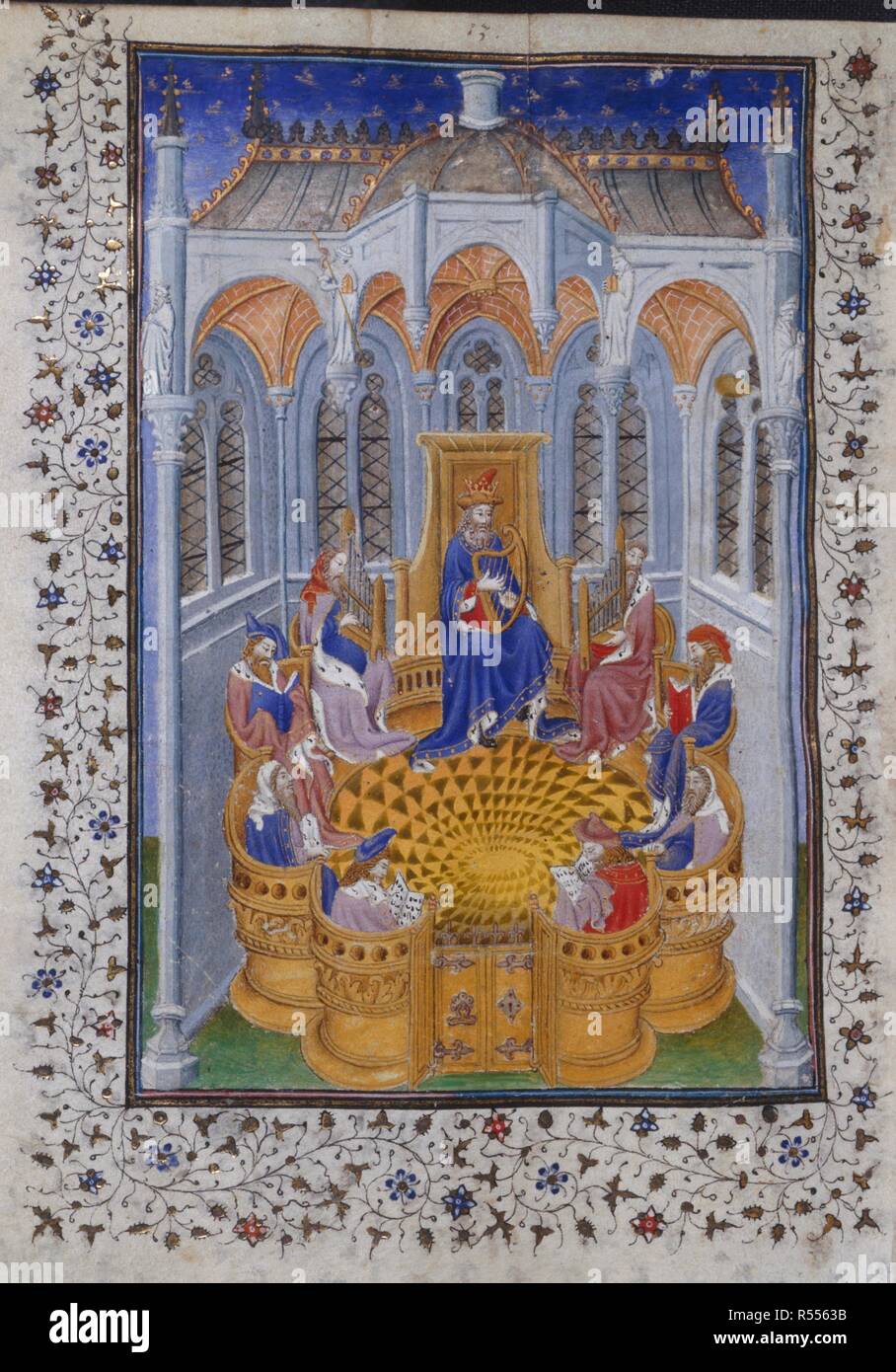 Nine men, three playing harps, others with books, sitting in a circular ...