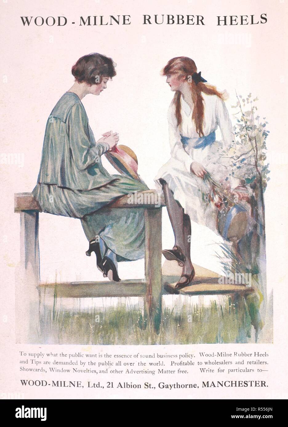 'Wood - Milne rubber heels'. Advertisement for shoes. The Footwear Organiser and Shoe and Leather Trades Export Journal. (London, England : 1919). Source: The Footwear Organiser. March 1919, page 2. Stock Photo