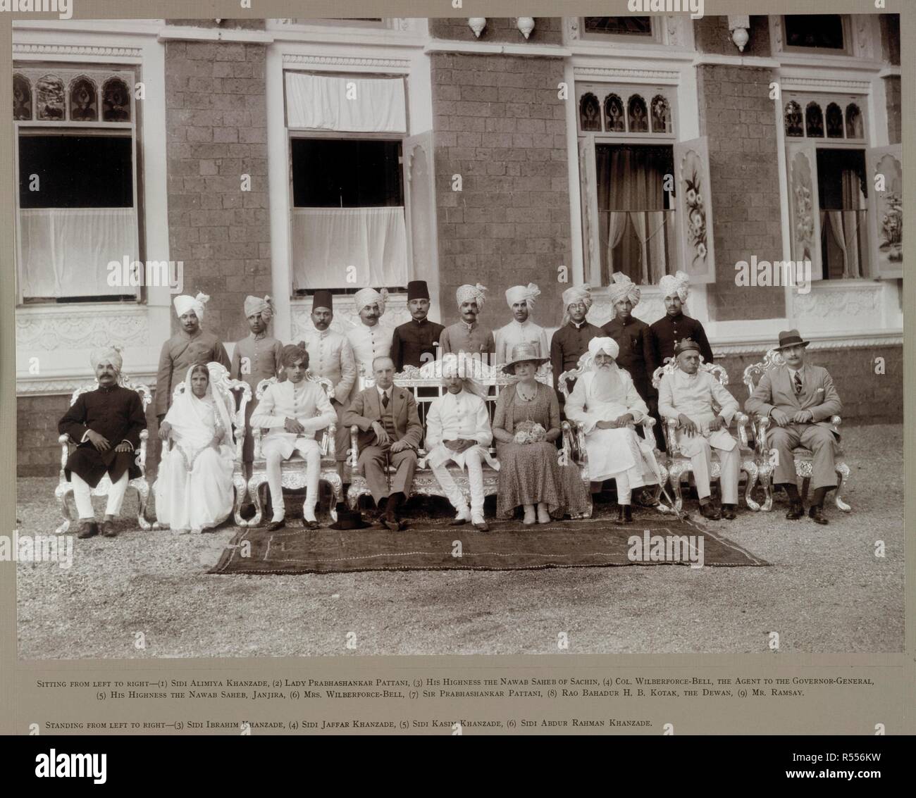 A formal group portrait of the Nawab of Janjira, Court officials and British guests, at the Palace, Murud. Wilberforce-Bell Collection: 'His Highness Nawab Sahib Sidi Muhammad Khan, Janjira, Investiture and Marriage, 1933 A.D.'. 9 Nov. 1933. Photograph. Source: Photo 1/1(32). Language: English. Stock Photo