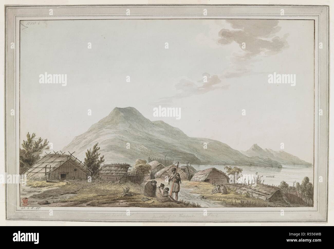 [Whole drawing] View of the Hippah, or fortified village, at the south-west point of Motuara in Queen Charlotte Sound. The view looks north, with Motuara in the background. The drawing may have resulted from Captain Cook's visit on 15 February 1777. The Maori habitations are within a stockade of stakes, seen on right. A small group of Maoris are by a pathway, and two others are seated further back. Drawings executed by John Webber during the Third Voyage of Captain Cook, 1777-1779. 1777.    . Source: Add. 15513, No.6. Language: English. Stock Photo