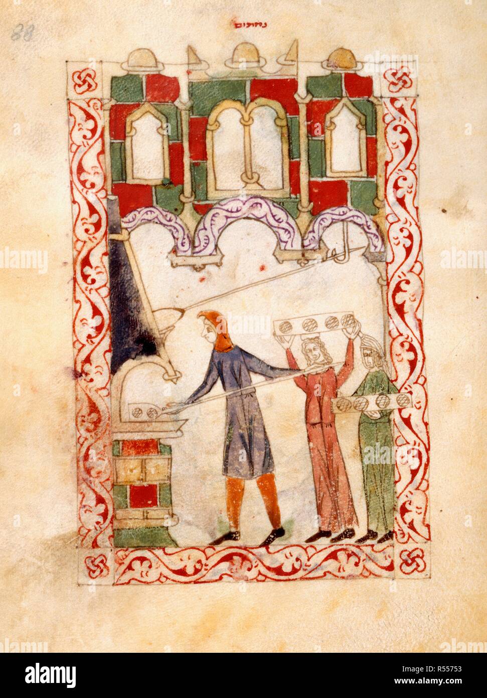 Baking. Hispano-Moresque Haggadah. Castile, c.1300. Baking of the unleavened bread (matzah). Vellum manuscript.  Image taken from Hispano-Moresque Haggadah.  Originally published/produced in Castile, c.1300. . Source: Or. 2737, f.88. Language: Hebrew. Stock Photo