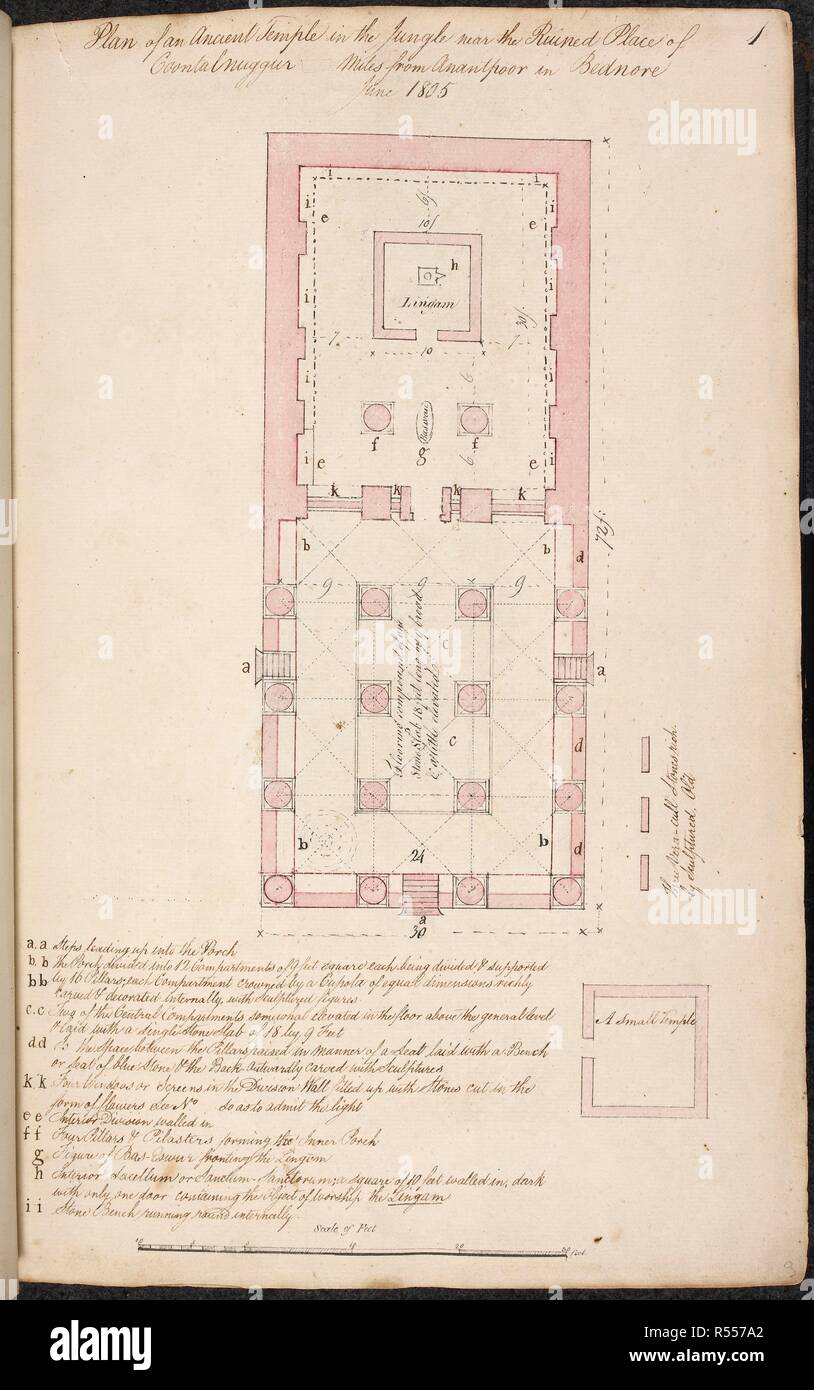 Plan of the Shiva Temple at Kubtur, near Banavasi (KA). â€˜Plan of an Ancient Temple in the Jungle near the ruined place of Coontalnuggur [ ] miles from Anantpoor in Bednore. June 1805â€™. Album of 156 drawings chiefly of architecture and sculpture in S. India. 1803-1808. Source: WD 1064, f.3. Language: English. Author: ANON. Stock Photo