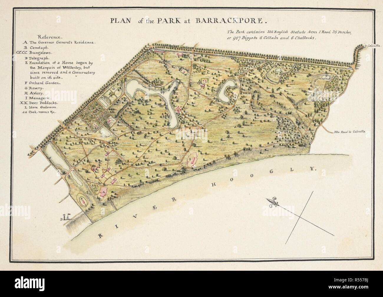 A plan of the Park at Barrackpore, with a key to the buildings, including Lord Wellesleyâ€™s unfinished house. Hastings Albums. 1810s - 1820s. Source: WD 4402, f.49. Stock Photo
