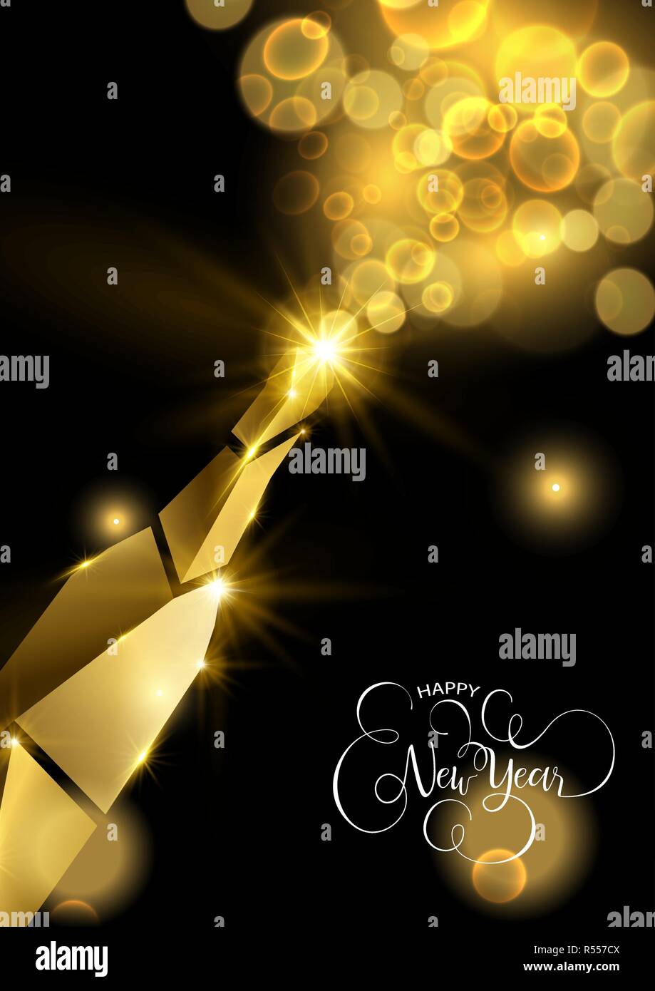 New Year luxury golden greeting card illustration, champagne bottle ...